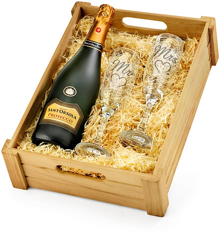 'Mr & Mrs' Engraved Flutes in Wooden Crate With Prosecco